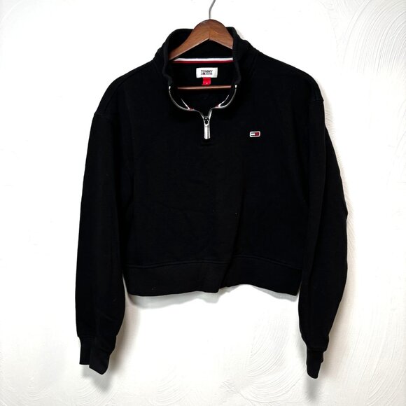 Tommy Jeans Crop Top Sweatshirt Black Pullover Long Sleeve Mock Neck 1/4 Zip M - Picture 1 of 4